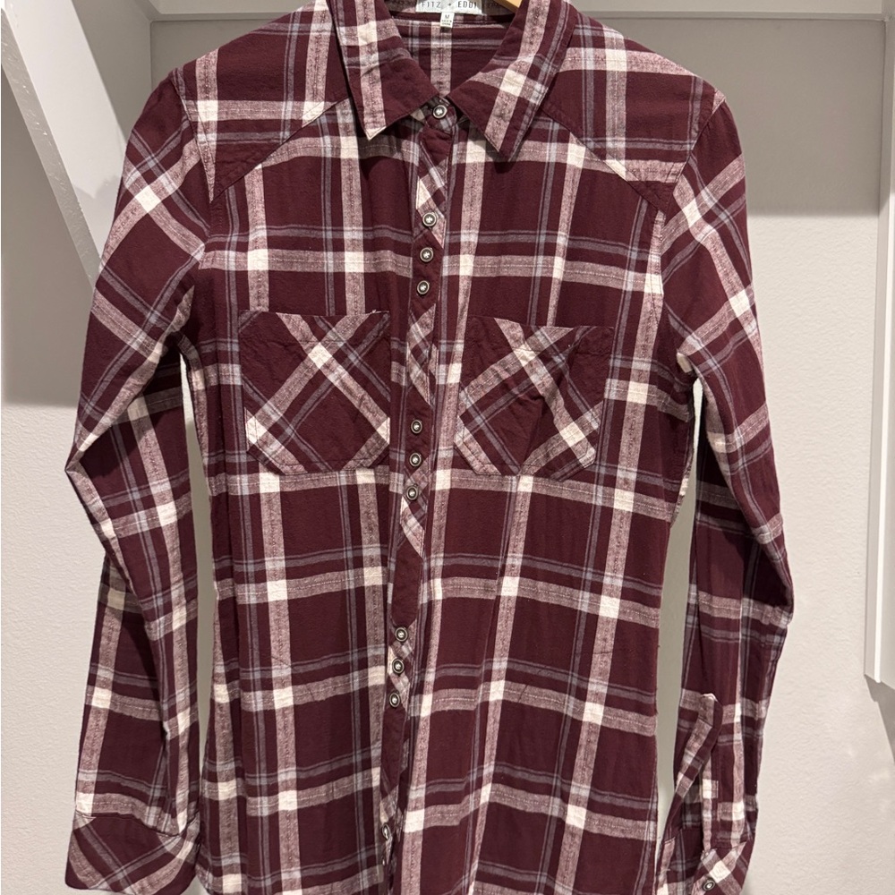 Buckle Burgundy Plaid Women's Top